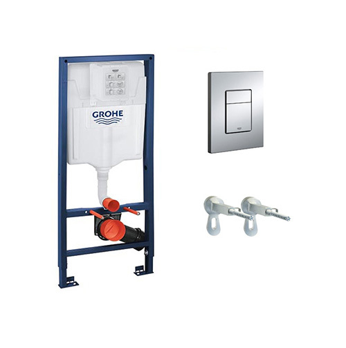 GROHE<br>38732.000 / 38528.001 / G38558.00M<br>兩段式沖水面板 +<br>Rapid SL輕隔間用埋壁水箱+<br>牆上固定座產品圖